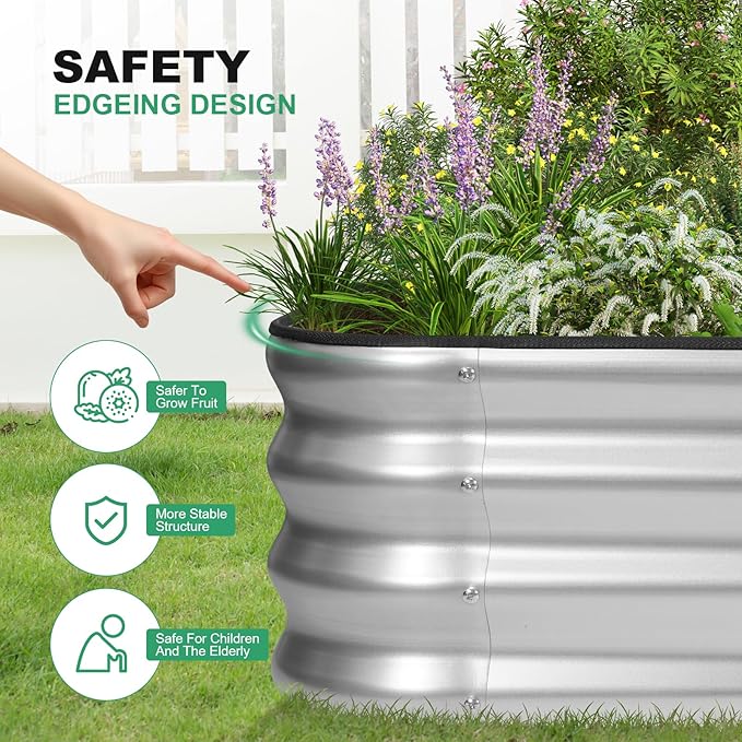 1MORE Raised Garden Bed -8X2X1 Galvanized Planter Box for Outdoor Gardening,5 in 1 Modular Raised Bed Kit with Protective Tape, Gloves for Herb,Ideal for Vegetables and Plants.Sliver-2pack