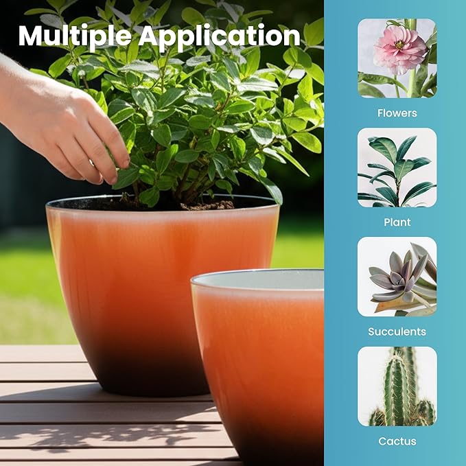 2 Pack Plastic Plant Pots with Drainage Holes, 8 inch Planter for Indoor Outdoor Plant, Garden Flower Pots for Aloe, Herbs, Cactus (Orange, 2pcs)