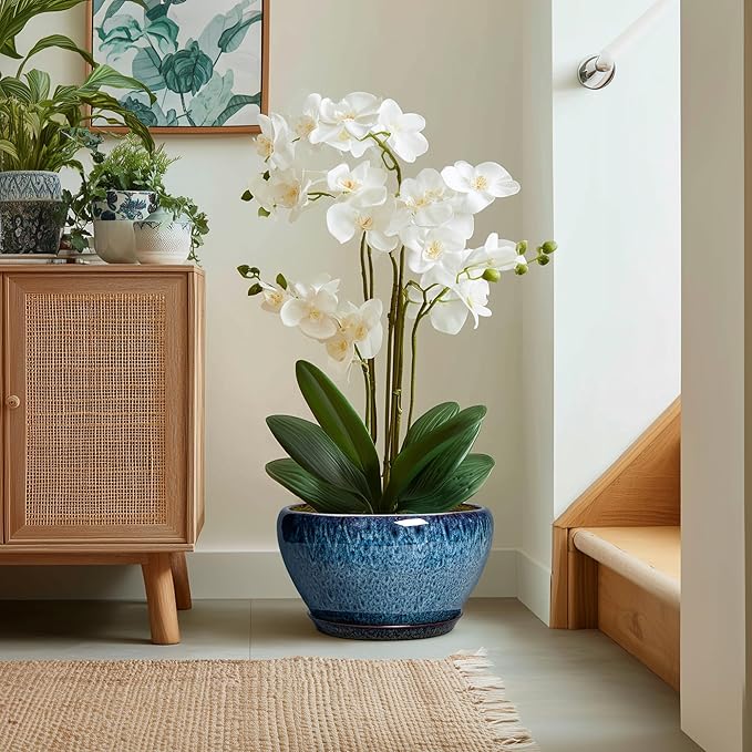 Ceramic Plant Pots 13 Inch - Indoor Planter with Drainage Hole and Saucer, Decorative Large Planter for Indoor Outdoor Plants, Ceramic Flower Pots, Gifts for Plant Lovers, House Decor, Blue