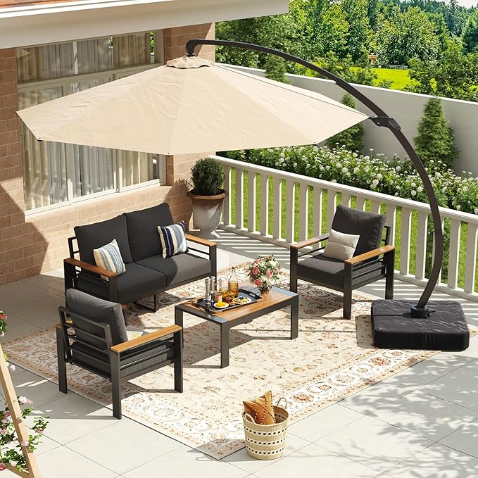 Aoxun Aluminum Patio Furniture Set with Umbrella 4 Seats, Oversized Outdoor Sectional with Washable Thick Cushions, Coffee Table and Waterproof Cover, Patio Conversation Sets for Porch, Balcony, Deck