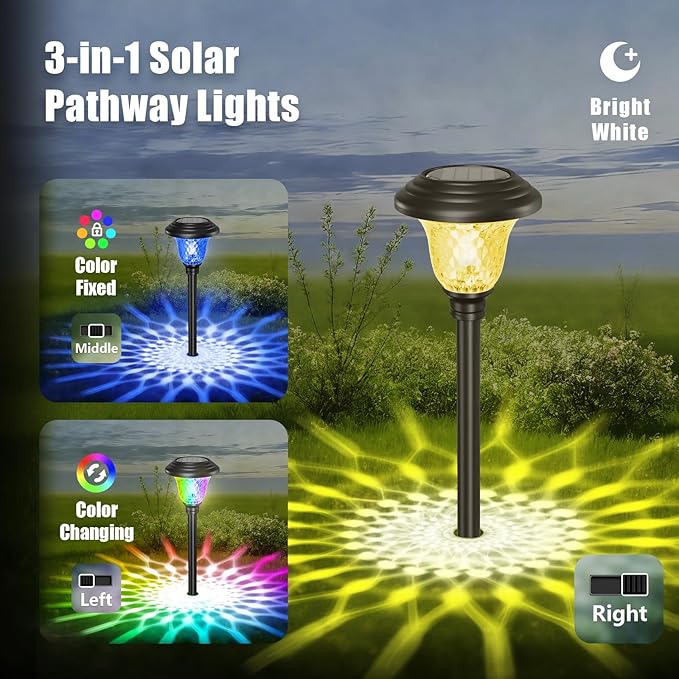 BEAU JARDIN 8 Pack Solar Pathway Lights Outdoor Solar Powered Light Christmas Gift Waterproof Glass High Lumen for Garden Landscape Path Yard Walkway Patio Driveway Outside White Color Changing Black