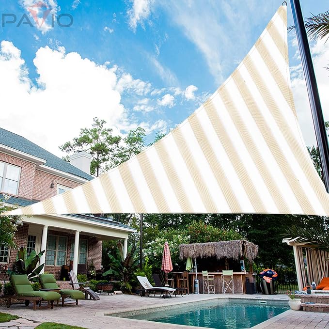 Patio Paradise 22' x 22' x 22' Sun Shade Sail Triangle Canopy Shade Cloth Fabric Sunlight Block Patio Pergola Cover HDPE Deck Awning for Outdoor Backyard Roof Shading, Beige White Strip