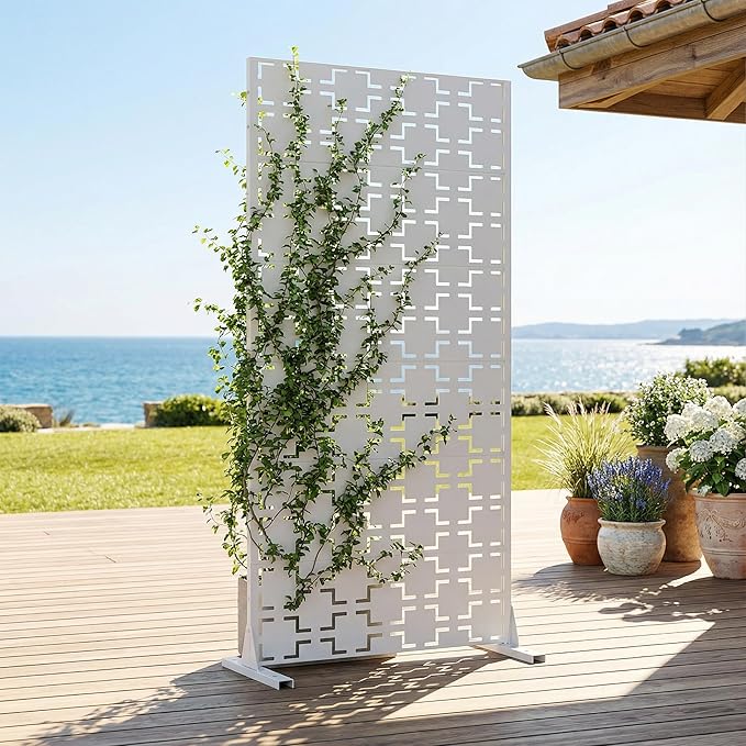 Casaphoria Metal Privacy Screen Outdoor, 72" H x 35" W Freestanding Decorative Privacy Screen for Patio Deck Balcony Garden with Stable Base, White-Square