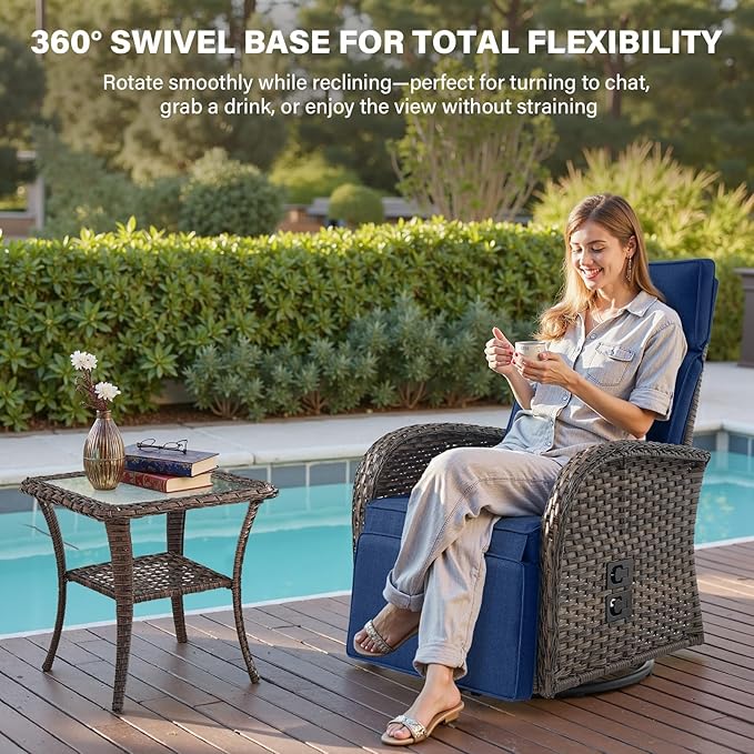 Belord 7 Piece Patio Furniture Set with 4 Swivel Recliner Chairs and 3 Side Tables, Dual-Adjust Wicker Chaise Lounge Chairs for Outdoor Patio Conversation, All-Weather Brown Rattan