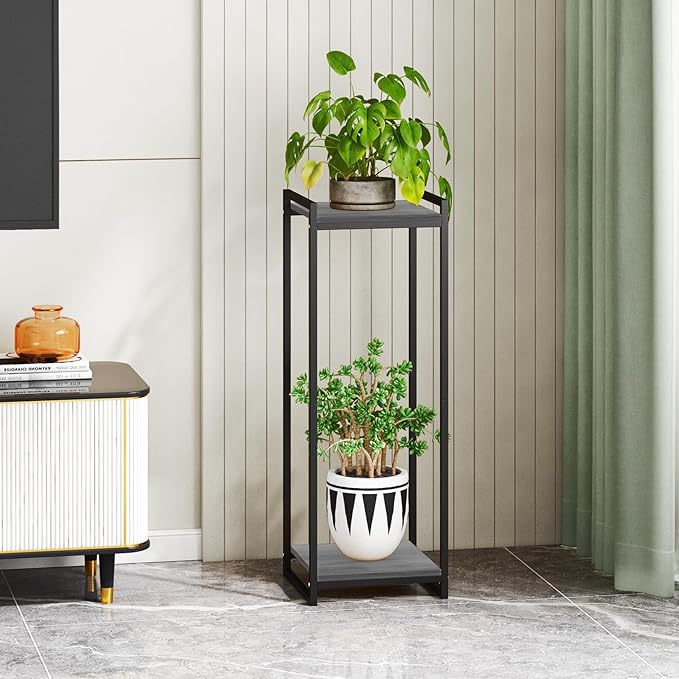 2-Tier Plant Stand Indoor, 34" Tall Modern Plant Shelf Corner Flower Pot Holder Organizer for Living Room Balcony Garden, Oak Grey