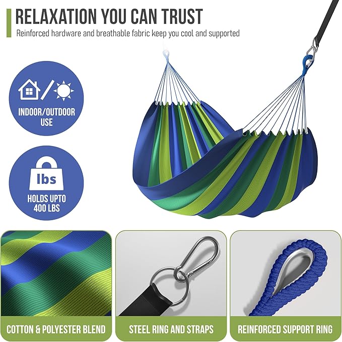 Sorbus Brazilian Double Hammock - Extra-Long 2 Person Portable Hammock Bed for Indoor or Outdoor Spaces - Hanging Rope, Carrying Pouch Included (Blue/Green Stripes)