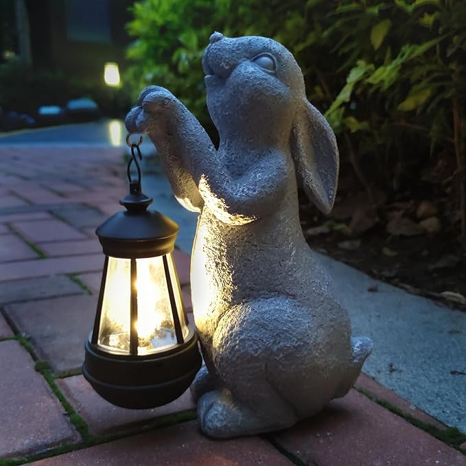Rabbit Solar Garden Statues,Resin Rabbit Figurine Decorations with Solar Lights Lantern, Outdoor Figurines Lawn Garden Statue Decor Art for Lawn,Yard, Balcony Ornament.