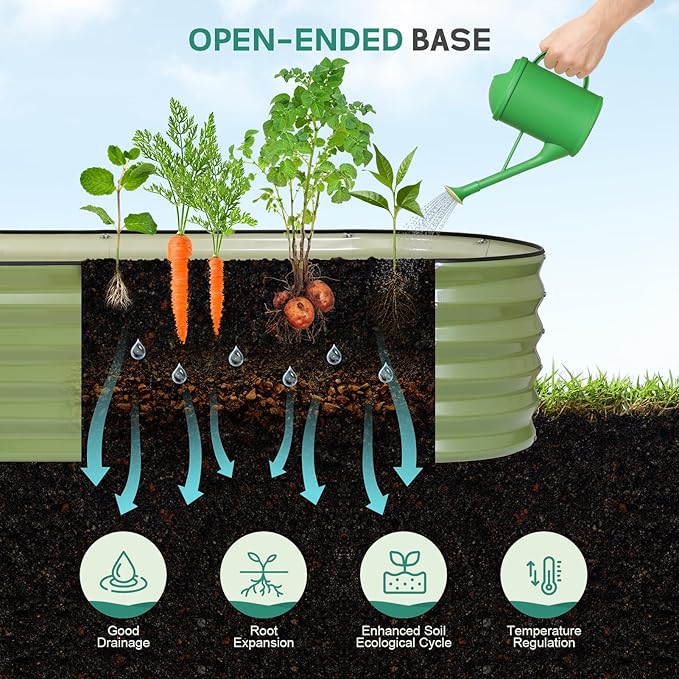 Galvanized Raised Garden Bed - 8×2×1.4ft Planter Raised Beds for Gardening | Oval Metal Garden Planter Box with Safety Edging and Gloves for Vegetables Fruits and Flower OliveGreen