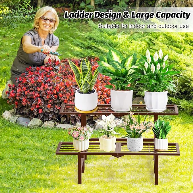 2 Tier Plant Stand Indoor Outdoor, Foldable Metal Separated Ladder Plant Stands, Plant Shelf Multiple Flower Pot Holder Display Shelving for Garden Living Room Patio,Brown