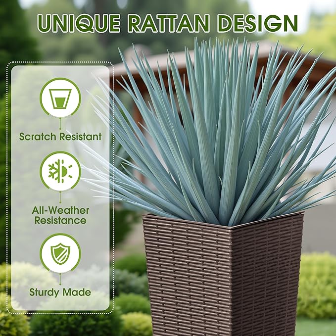 Devoko Resin Tall Planters with Tray for Outdoor Plants Set of 2, Large Taper Outdoor Planter Pots with 4 Drainage Holes, Flower Pots Modern Decor for Porch, Patio, Backyard, Garden(Brown, 24")