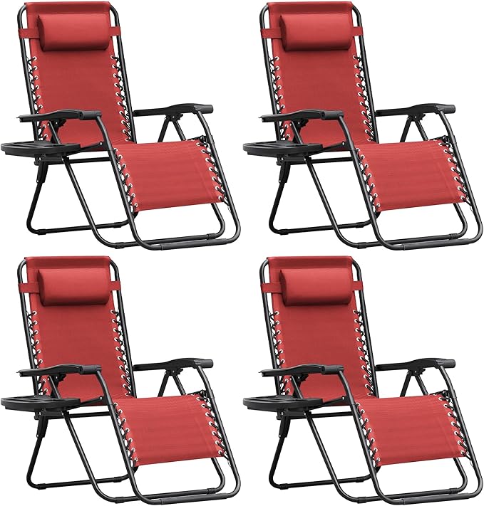Homall Zero Gravity Chair Patio Folding Lawn Outdoor Lounge Gravity Camp Reclining Lounge Chair with Cup Holder Pillows for Poolside Backyard and Beach Set of 4 (Red)