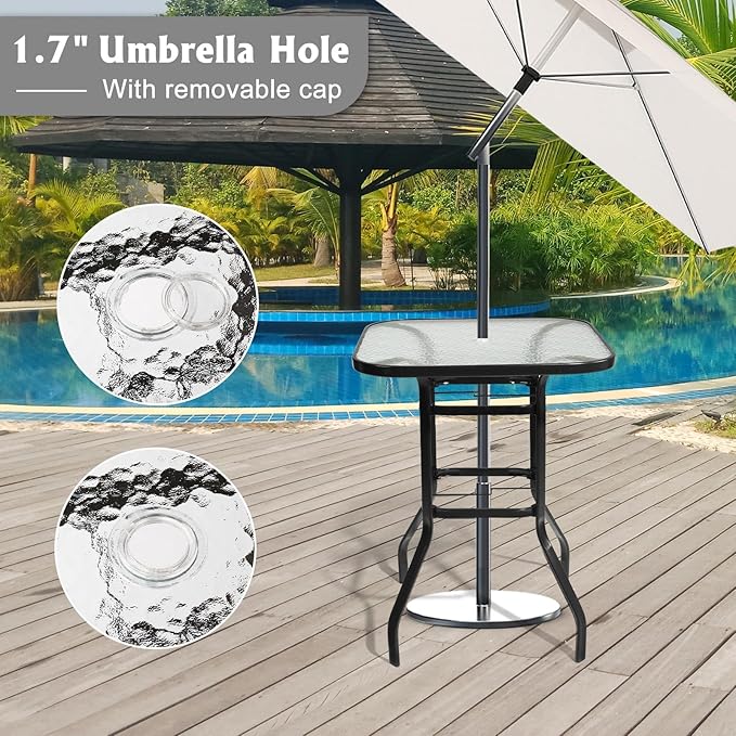 VINGLI Outdoor Bar Table with Umbrella Hole, Modern Black Metal Patio Bar Table, High Top Table for Outdoor Relaxation and Home Entertaining (Black, 31.5'x31.5'x40.3')