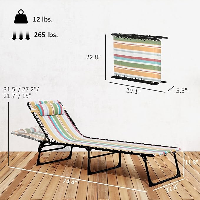 Outsunny Folding Chaise Lounge Chair, Patio Sun Tanning Chair, Outdoor Chaise Lounger with 4-Position Reclining Back, Breathable Mesh Seat for Beach, Poolside, Yard, Rainbow Striped