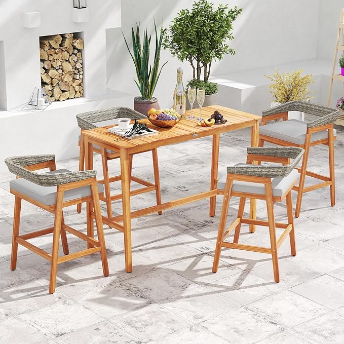 Tangkula 3 Piece Patio Bar Set, Outdoor Acacia Wood Counter Height Table with 2 Cushioned Barstools with Curved Rattan Back and Footrest, for Backyard, Poolside, Balcony