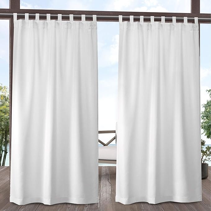 EXCLUSIVE HOME Cabana Solid Indoor/Outdoor Light Filtering Hook-and-Loop Tab Top Curtain Panel Pair, 54"x120", Winter White