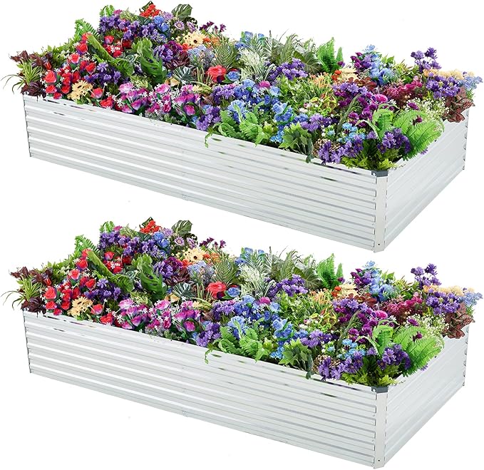 2 Pack 8x4x1FT Galvanized Raised Garden Bed Kit, Outdoor Metal Planter Box for Vegetables, Bottomless Rectangular Gardening Bed with Support Rods, Tool-Free Assembly, Silver