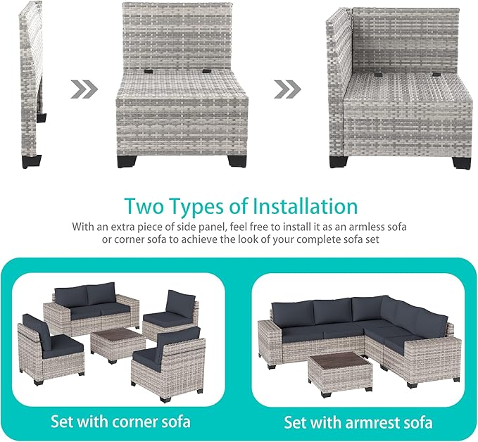 9-Piece Outdoor Patio Furniture Set with Rocking Swivel Chair Wicker Sectional Sofa Set, Patio Conversation Set with Thickened Cushions & Coffee Table for Garden, Backyard, Dark Grey