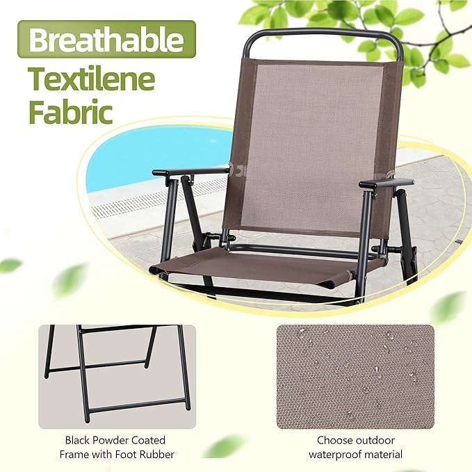Vongrasig 6 Pieces Folding Patio Dining Set, All Weather Small Metal Outdoor Table and Chairs Set, Patio Furniture Set w/Umbrella, Glass Table & 4 Folding Chairs for Garden, Lawn, Backyard, Brown