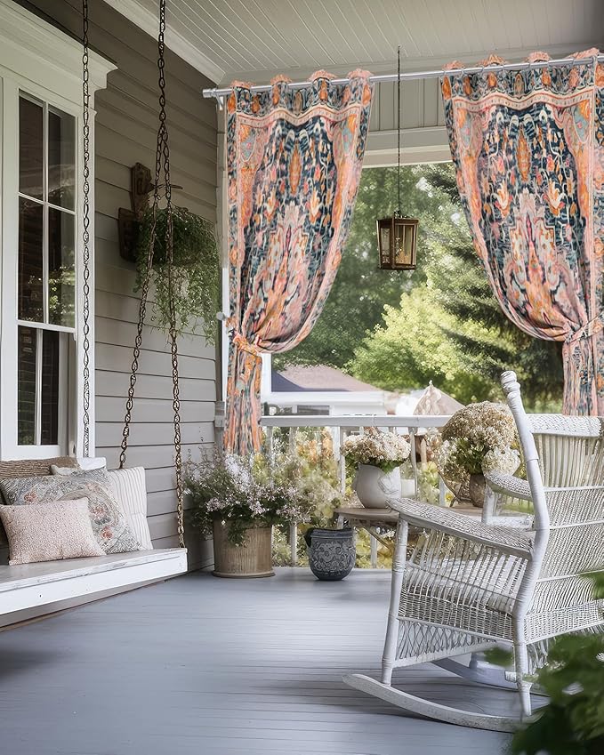 Rustic Boho Outdoor Curtains for Patio Waterproof, Grommet Privacy Curtain Drapes Weatherproof Outside Curtains for Porch GazeboPergola Cabana 2 Panel 54x84inch Ethnic Turkish Floral Geometric