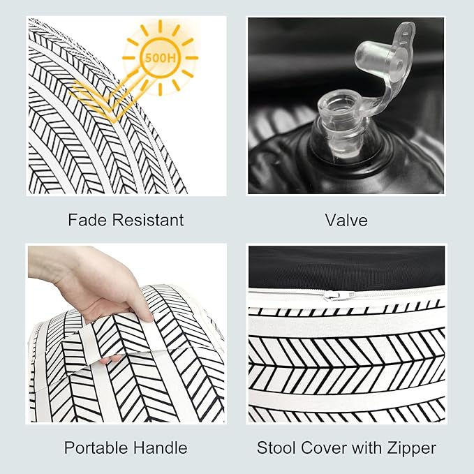 LVTXIII Indoor/Outdoor Inflatable Ottoman with Handle D21 x H9 Inch, Weather-Resistant Round Footstool Pouf for Patio Camping Living Room, Portable Footrest Extra Seating, Herringbone Black White