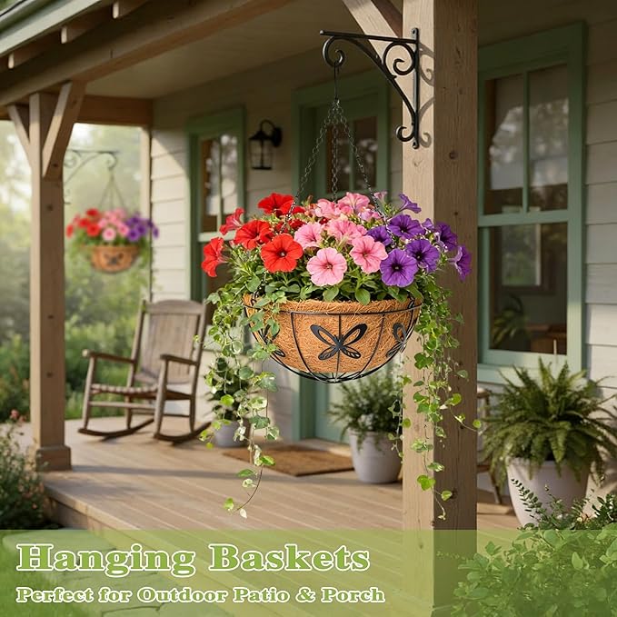 4 Pack 14 Inch Hanging Baskets for Plants Outdoor Metal Hanging Planter Hanging Flower Baskets with Coco Fiber Liners Chain Round Wire Plant Holder Hanging Flower Pots(Butterfly)