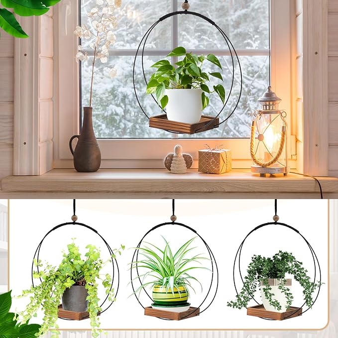 Geelin 2 Pack Plant Hanger with Wood Base Hanging Window Planter Boho Macrame Hanging Plant Holders for Window Indoor Outdoor Room Ceiling Home Decorations (Brown)