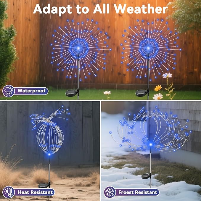 Garden Outdoor Lights, 2 Pack 120 LED Solar Garden Lights Fairy Lights Outdoor Waterproof Decorative Solar Firework Lights for Yard, Patio, Pathway, Flowerbed Party Wedding Decor, Blue