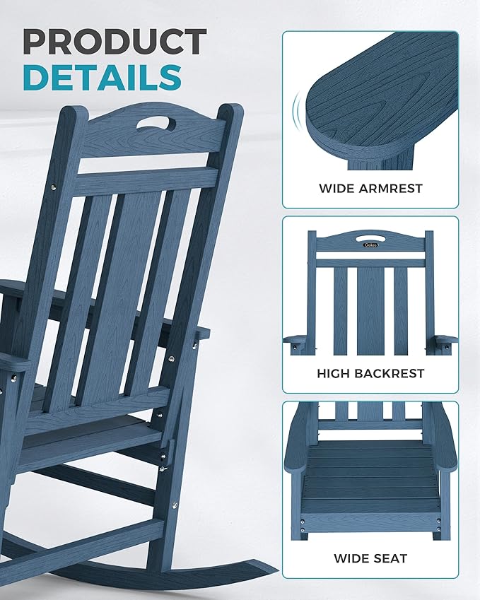 Ciokea Oversized Outdoor Rocking Chairs Set of 3, 380lbs Heavy-Duty Large Patio Rocker, High Back Cozy Porch Chairs, Weather Resistant Patio Rocking Chairs for Outside, Fire Pit, Deck, Slate Blue