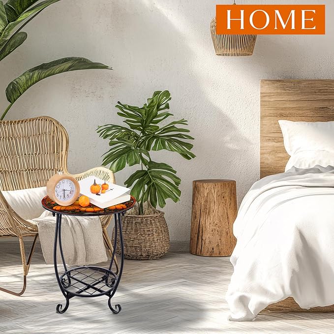 Outdoor Side Table Round Small Mosaic Patio Accent Indoor End Plant Coffee Tea Table for Yard Patio Porch Garden Living Room, Bedroom(Pumpkin Style,14 Inch)
