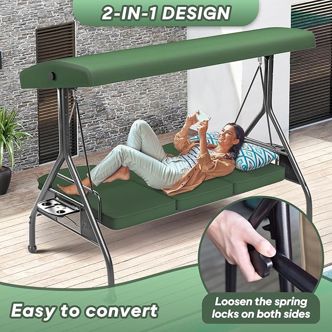 3 Seat Outdoor Porch Patio Swing with Stand 800lbs 2-in-1 Convertible Swing Bed with Adjustable Canopy & Removable Cushion for Yard Garden Deck (Green, Round Tube)
