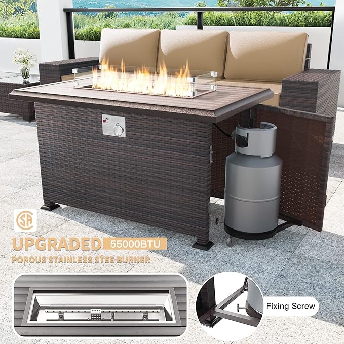 Kullavik 13 Pieces Outdoor Patio Furniture Set,PE Wicker Rattan Sectional Sofa Patio Conversation Sets with 43" 55000BTU Gas Propane Fire Pit Table,Swivel Rocking Chairs Set,Sand