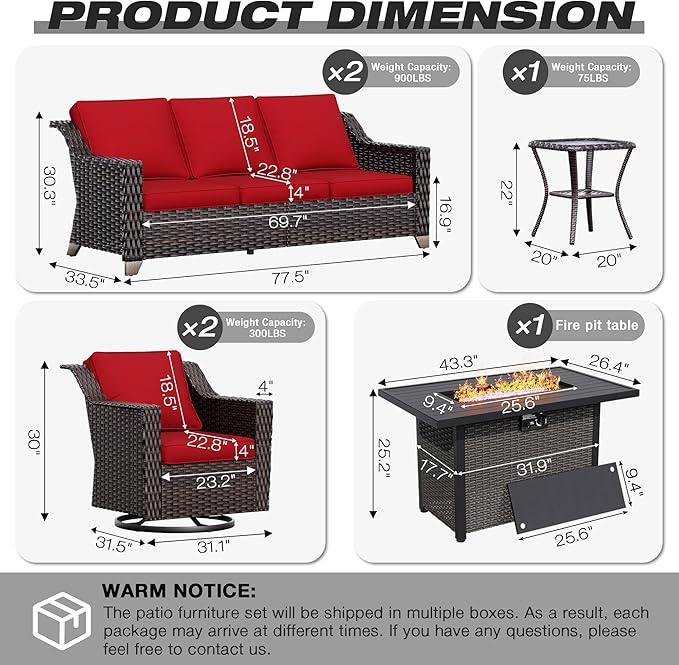 Joyside Wicker Patio Furniture Sets, 6 Pieces Upgraded Large Size Outdoor Furniture with Swivel Rocking Patio Chairs, Two 3-Seat Sofa, Fire Table, Coffee Table, Thick Cushions, Wide Armrest, Red
