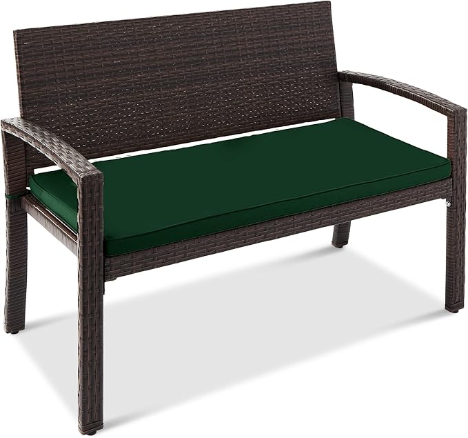 Best Choice Products Outdoor Bench 2-Person Wicker Garden Patio Benches Seating Furniture for Backyard, Porch w/Seat Cushion, 700lb Capacity - Midnight Green/Brown