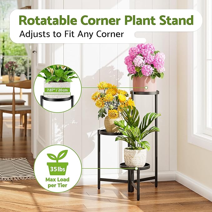 3 Tier Large Plant Stand Indoor with 7.9 Inch Wide Tray, Tiered Corner Metal Outdoor Flower Holder Stand, Folding Tall Rack for Display Shelf for Patio Porch Balcony - BlackDisk