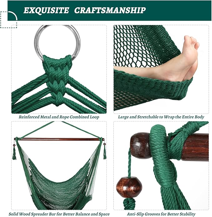 Bathonly Large Hammock Chair with Spreader Bar, Caribbean Hammock Swing Chair, XL Hammock Chair Outdoor Indoor, 330 LBS Weight Capacity, Green