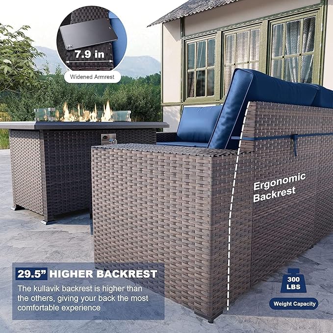 Kullavik 10 Pieces Outdoor Patio Furniture Set,PE Wicker Rattan Sectional Sofa Patio Conversation Sets with 43" 55000BTU Gas Propane Fire Pit Table,Swivel Rocking Chairs Set,Navy Blue