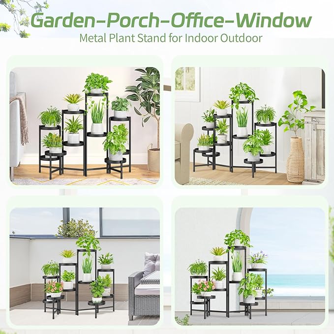 iDavosic.ly Plant Stand Indoor Outdoor, 10 Tier Corner Metal Flower Display Holder Shelf, Easy Assembly Folding Tall Orchid Rack for Patio Balcony Porch Garden Living Room House, Black