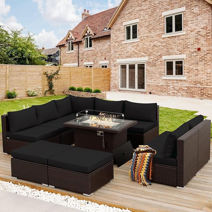 NICESOUL Outdoor Patio Furniture Set with Fire Pit Natural Gas/Propane, 29.3'' High-Back XL Large Conversations for Exteriors, 9-Seater Wide Deep Seating Rattan Sectional Sets, Brown and Black