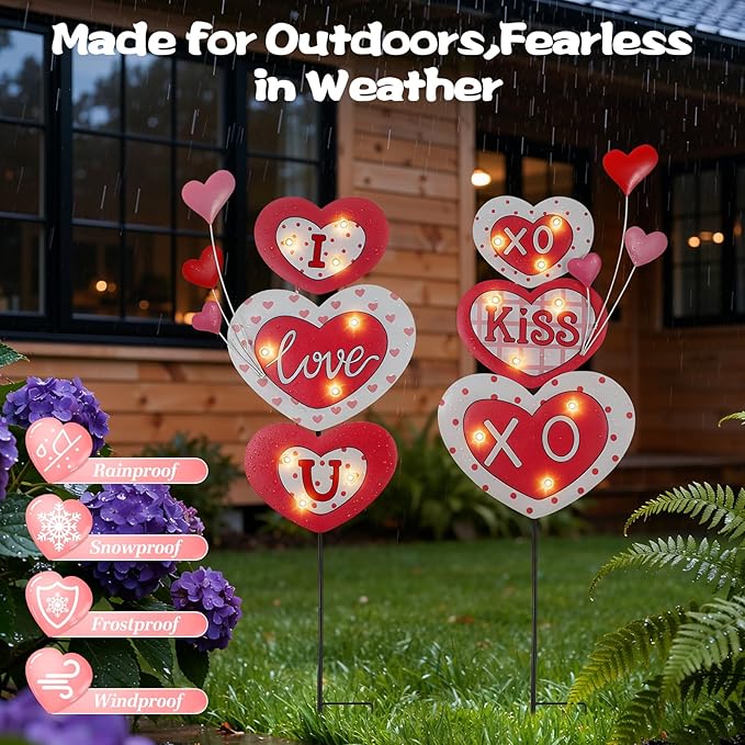 Lewondr 2 Pcs Valentine's Day Decorations Outdoor, Metal Solar Pathway Lights, Love Heart Decorative Garden Stakes Lights with 18 LED Beads, Waterproof Yard Signs for Porch Lawn Wedding Anniversary