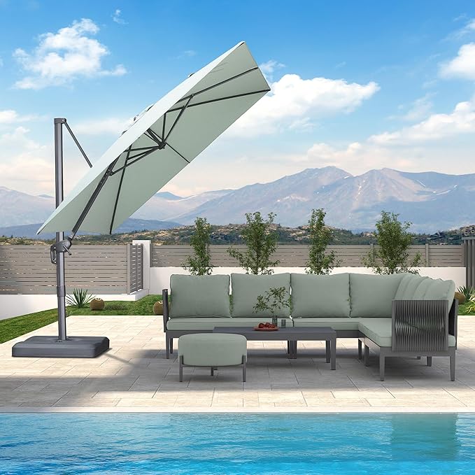 PURPLE LEAF Patio Umbrella 9' X 9' Rectangle Cantilever Umbrella Large Aluminum Outdoor Umbrellas with 360-degree Rotation & UPF40+ Premium Fabric for Deck Pool Garden Yard, Mint Green