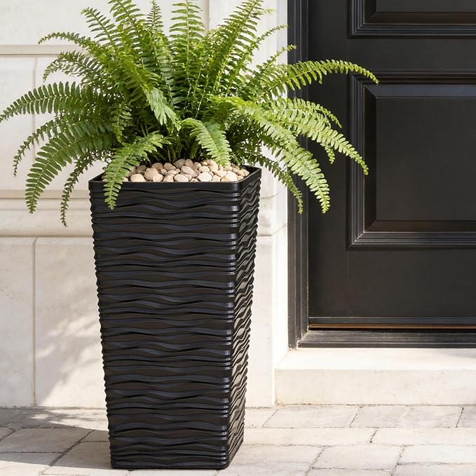 Worth Garden 2-Pack Black Tall Planter - Plastic Square Tapered Tree Plant Pots with Drainage Hole for Indoor Outdoor - 22" H Modern Wavy Finish Decorative Flower Pots for Front Porch Patio Deck