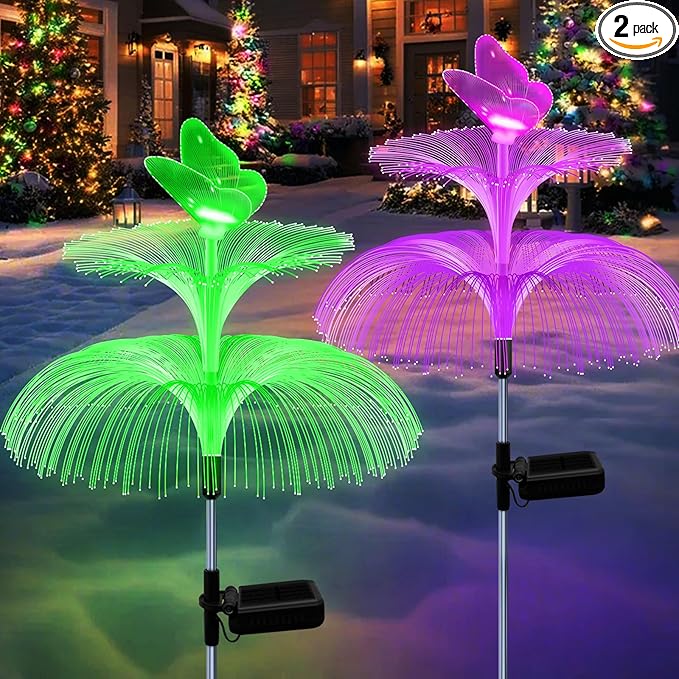 Solar Garden Lights, Gardening Birthday Gifts for Mom Grandma Women, Waterproof 7 Color Changing Jellyfish Light with Butterfly, 2 Pack Solar Flower Lights for Outdoor Pathway Yard Garden Decor