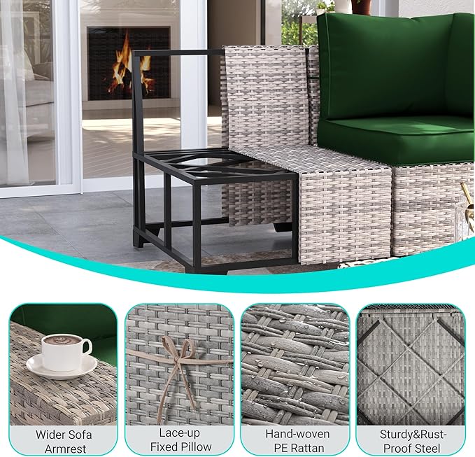 13-Piece Outdoor Patio Furniture Set with 55,000 BTU Fire Pit Table, PE Wicker Rattan Sectional Sofa Patio Conversation Set with Coffee Table, Green