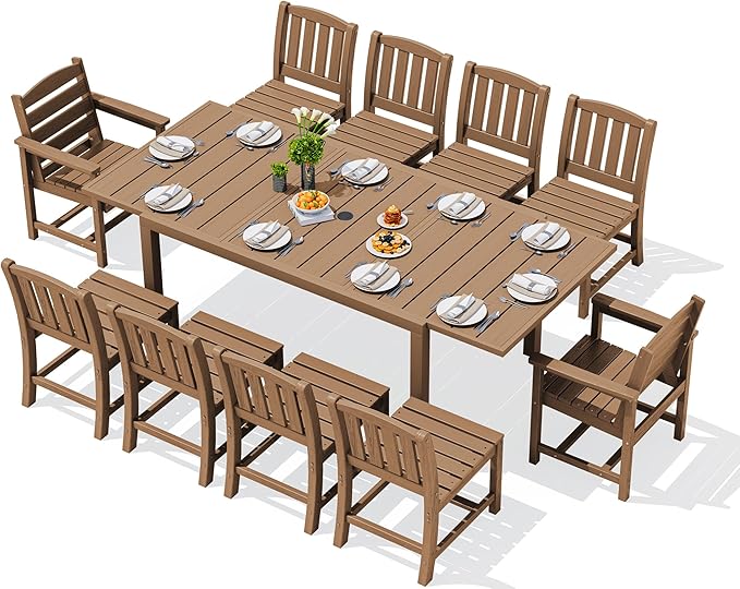 SERWALL 11-Piece Outdoor Dining Set, 60" - 83" Expandable Outdoor Dining Table and 10 HDPE Chairs, All Weather HDPE Outdoor Furniture Set for Backyard, Garden, Brown