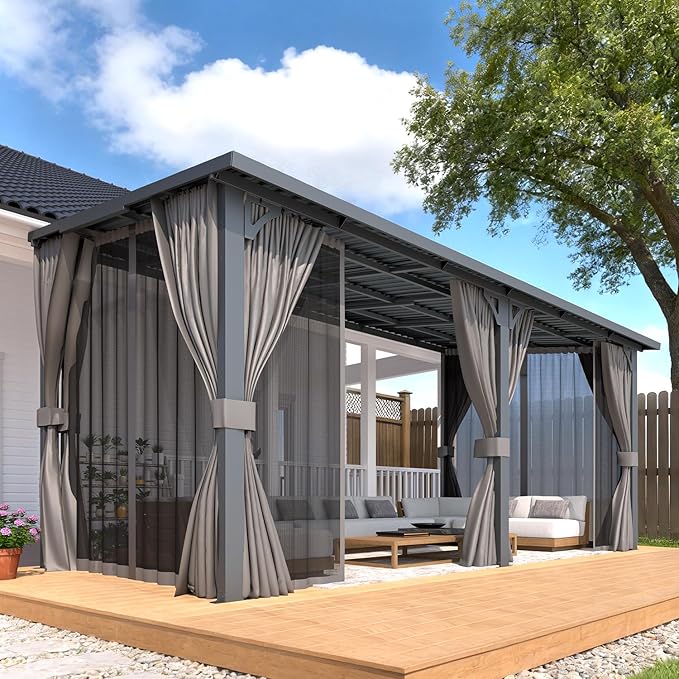 AECOJOY 16'x8' Outdoor Hardtop Metal Gazebo with Curtain and Netting for Patio, Large 8x16 Lean to Wall Mounted Pergolas and Grill Gazebos Clearance, Heavy Duty Galvanized Steel Roof Awnings for Decks