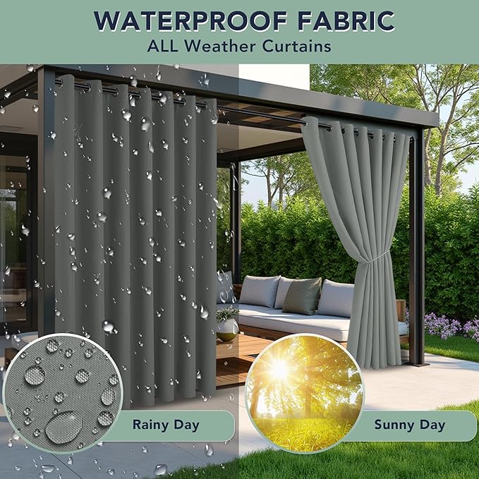 Outdoor Curtains for Patio Waterproof - 6 Panels Privacy Weatherproof Outside Curtains with Grommets for Pergola, Gazebo, Porch, Cabana, Balcony, 54 x 108 Inch, Grey