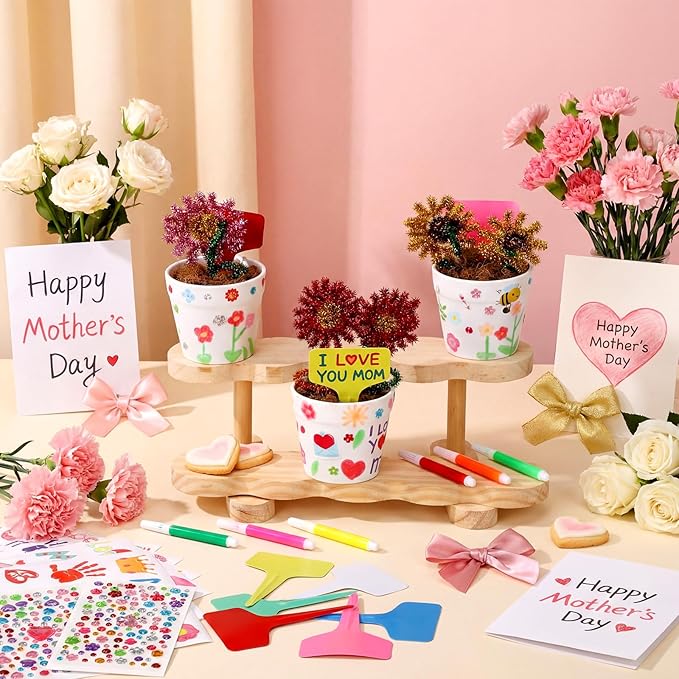 Funnymoom 48 Set Paintable Flower Pot Craft Kit DIY Spring Pots Craft for Mom with Watercolor, Pen Stickers, Plant Labels Garden Growing Kits for Spring Mother's Day Fun Activity