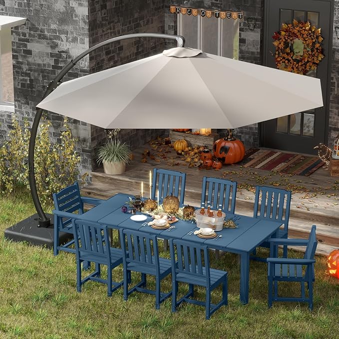 Navy Blue 9-Piece Outdoor Dining Set with Beige 11FT Cantilever Umbrella, 75.2'' HDPE Table & Chairs for 8, Weather-Resistant Furniture with Umbrella Hole for Patio, Lawn, Poolside