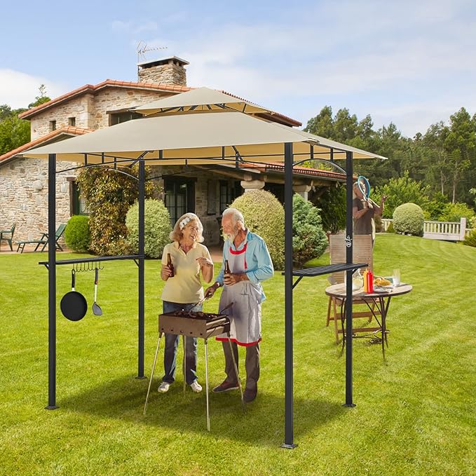 AECOJOY 8' x 5' Outdoor Grill Gazebo Canopy, BBQ Canopy for Outdoor Grill, 2- Tier BBQ Gazebo Shelter for Patio, Backyard and More (Beige)