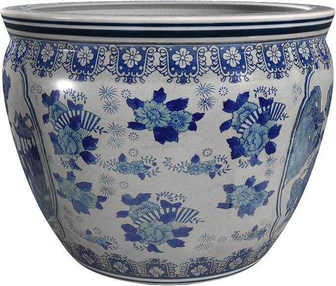 Red Lantern 14" Ladies Blue & White Porcelain Fishbowl